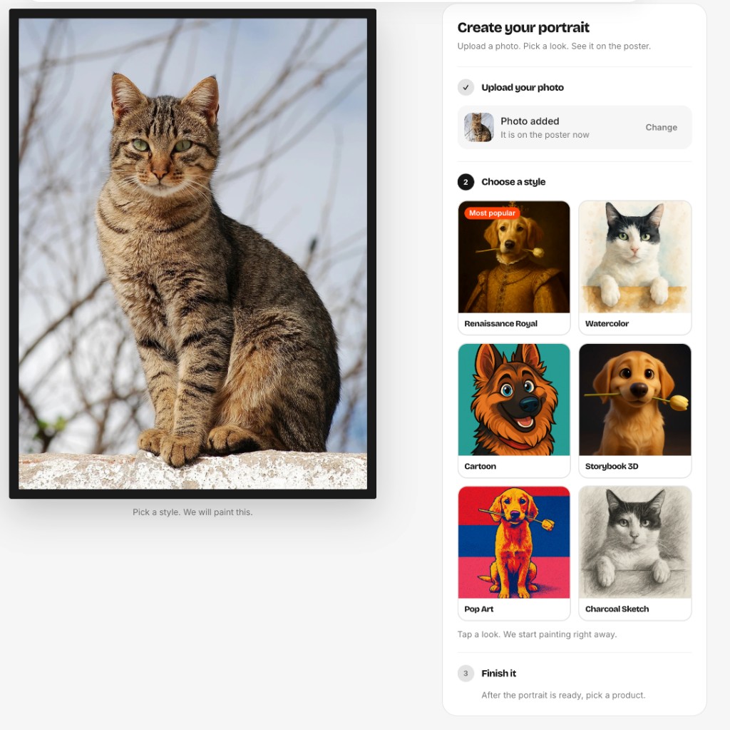 Studio with a pet photo uploaded and six art styles to choose from