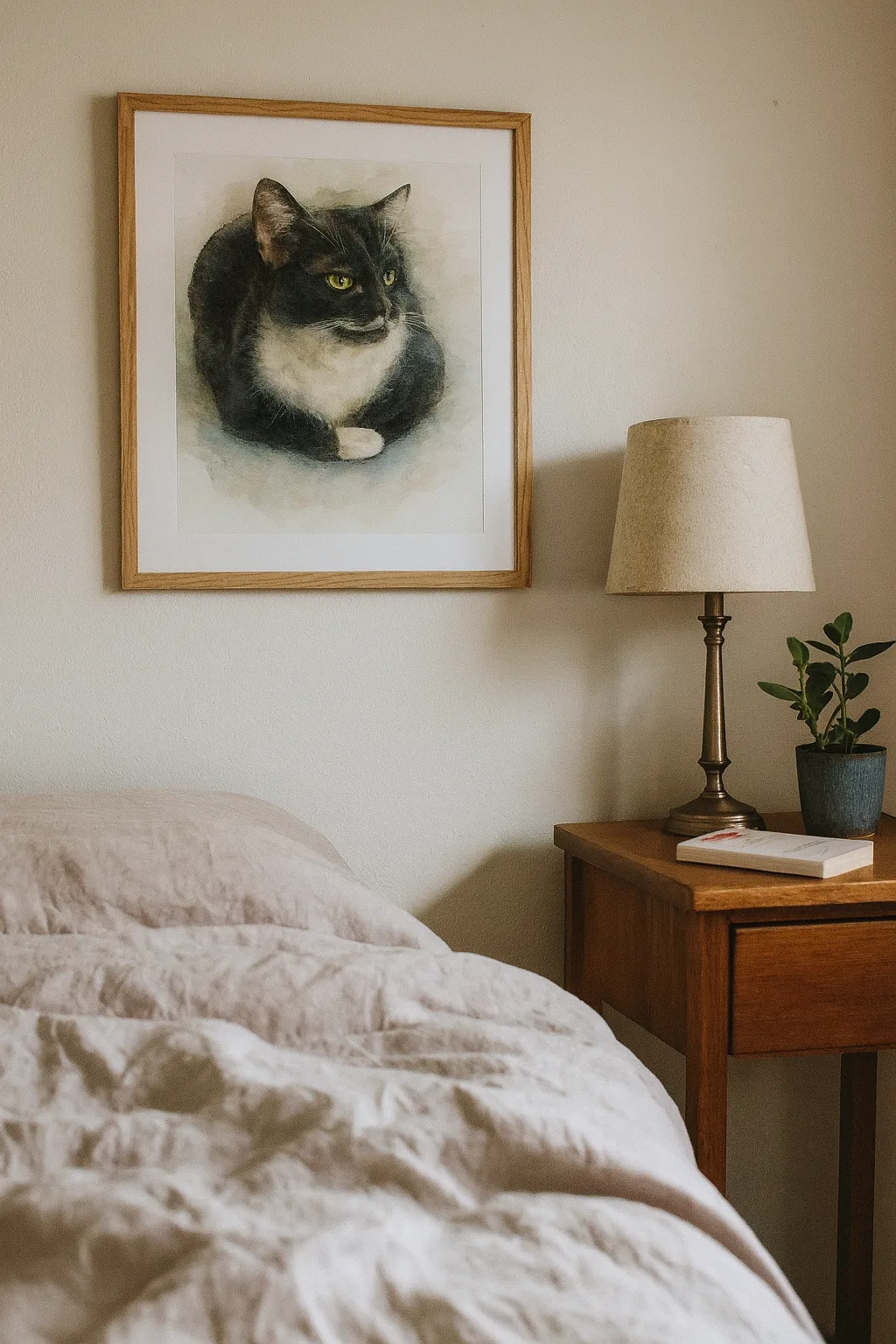 A framed watercolor tuxedo cat portrait hanging above a bedroom nightstand