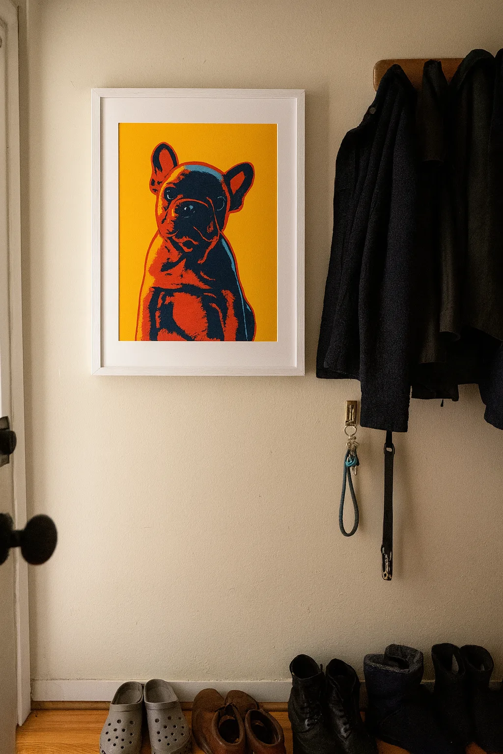 A white-framed pop-art French Bulldog portrait hanging in a home entryway next to coats and keys