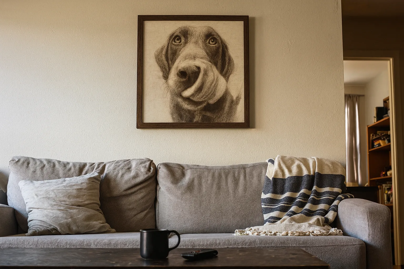 A charcoal Labrador portrait in a walnut frame hanging beside a sofa in a lived-in living room